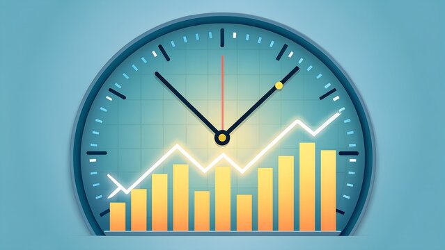 Conceptual illustration of time and financial growth depicted with clock hands overlaid with ascending graph and bar charts for business concepts