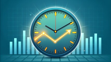 Concept illustrating business growth and time management utilizing clock with rising arrow and chart elements