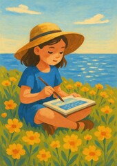 Fototapeta premium Girl painting by ocean flowers.