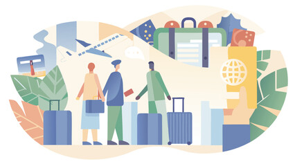 Illustration of people with luggage at an airport with a plane and passport in the background