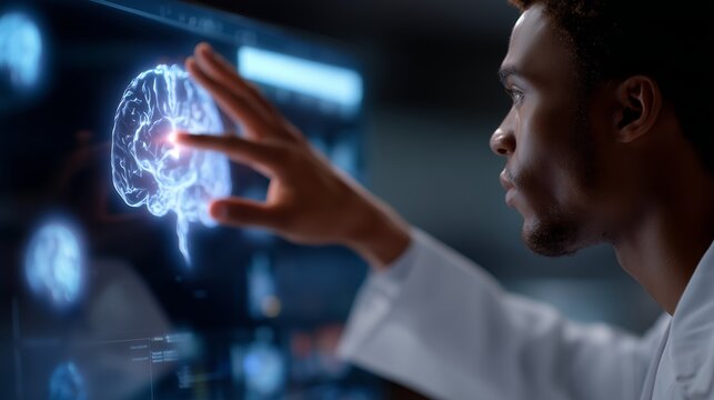 Scientist interacts with digital brain model in a high-tech research lab setting