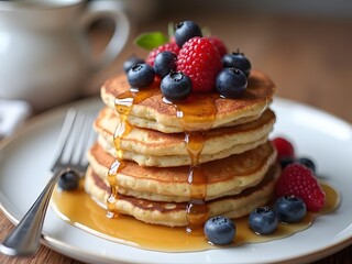 Almond Flour Pancakes with Maple Drizzle: A stack of almond flour pancakes topped with fresh berries and maple syrup, served on a ceramic plate with a fork on the side.