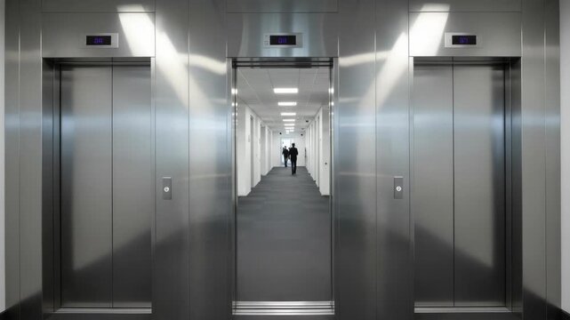Modern stainless steel elevators in office building corridor