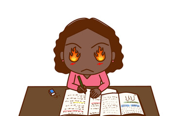 （上半身正面）目から炎を出して気合を入勉強を頑張るアフリカ系女性