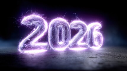 Bold numbers 2026 are illuminated in bright purple light, displaying electric and vibrant energy. numbers stand against a dark background, creating an eye-catching visual effect