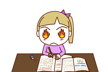 （上半身正面）目から炎を出して気合を入勉強を頑張る白人少女