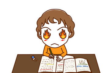 （上半身正面）目から炎を出して気合を入勉強を頑張る白人少年