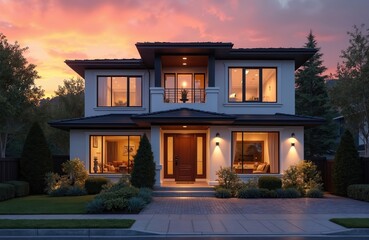 Modern suburban house exterior at sunset, featuring warm illuminated windows, vibrant sky. Contemporary architecture includes inviting landscaping, peaceful neighborhood setting, creating welcoming