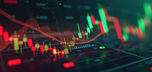 Abstract financial chart with red, green candlesticks indicating market trends. Red line graph shows downward movement. Data visualization for trading, investment analysis, stock market fluctuations,