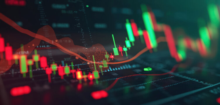Abstract financial chart with red, green candlesticks indicating market trends. Red line graph shows downward movement. Data visualization for trading, investment analysis, stock market fluctuations,