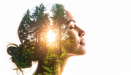 Double exposure of a serene woman with closed eyes blended with a forest and sunlight, symbolizing nature and inner peace. High quality. 