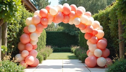Elegant balloon arch in soft coral and ivory tones for daylight garden party. Rich green plants surrounds white patio tiles creating structured, balanced composition with airy, vibrant event style.