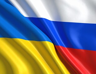 Fototapeta premium Close-up View of Intertwined Ukrainian and Russian Flags Representing International Relations
