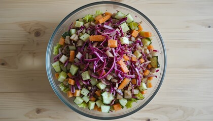 Clear glass bowl with chopped salad of lettuce, cucumber, red cabbage, and carrots – top-down view
