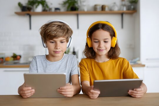 Siblings using tablets for online learning in a kitchen Generative AI - Powered by Adobe