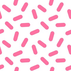 Pink sprinkle pattern with rounded shapes on white background. Fun and playful design perfect for candy, dessert, kids, or cute graphic projects.