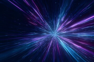 Obraz premium Abstract neon light background with blue and purple rays of energy, conveying a sense of speed and motion in a space tunnel or wormhole effect. 