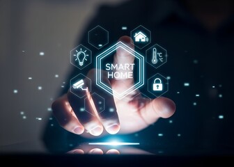 Person touching glowing smart home interface with security and climate icons hand