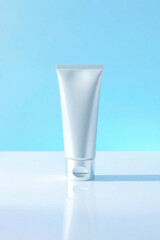 A cleansing foam tube standing on a smooth glossy white surface, softly lit with blue ambient light for a fresh and clean mood