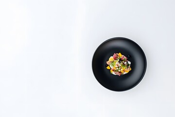 Colorful dish on minimalist black plate, right side white background left empty for text or branding.