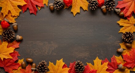 Autumn leaves and pine cones border on a rustic brown surface.