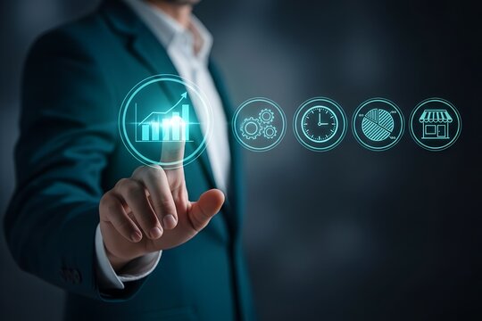 Man in teal suit touching glowing digital interface with business icons image