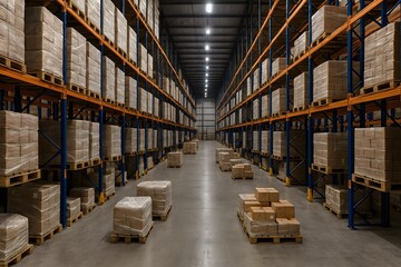 Organized storage facility with stacked pallets and clear aisle for efficient inventory management