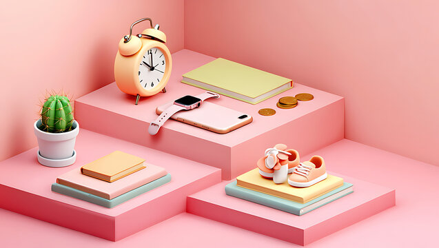 Stylish Pink Workspace with Peach Accents Featuring Tech Gadgets Stationery and a Cute Pair of Baby 