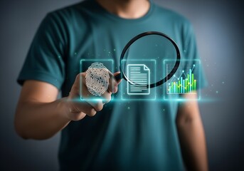 Person examining digital fingerprint document and financial graph with magnifying glass
