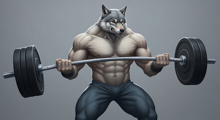 A powerful muscle wolf cartoon character demonstrates incredible strength, lifting a heavy barbell in a dynamic gym workout illustration.