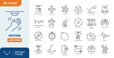Motion line editable icon set. Containing movement, animation, speed, swing, dynamic, position, acceleration, running, rotation, bounce, motion sensor, and more. Editable stroke. Vector illustration