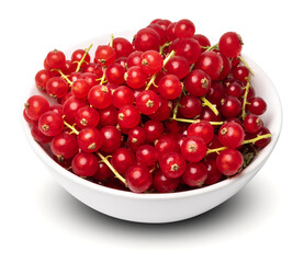 Organic ripe tasty organic berries red currant in ceramic bowl isolated on white studio background