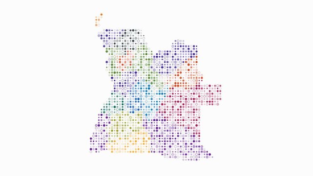 Angola dotted animation. Shape of the country build of pulsating colored dots. Small size circle blocks. Digital style map on white background. Classy video.