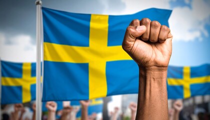A raised fist in front of the Swedish flag, symbolizing unity and national pride. The image conveys a strong sense of solidarity and determination.
