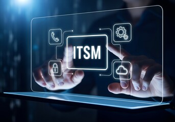 Person touching digital screen displaying I T S M with communication security cloud and gears icons