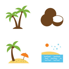 Tropical Vacation Icons Set with Palm Trees Coconuts Beach and Ocean