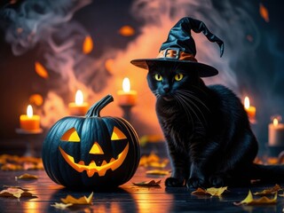 Cute black cat wearing witch hat beside dark jack o lantern with candlelight and smoke