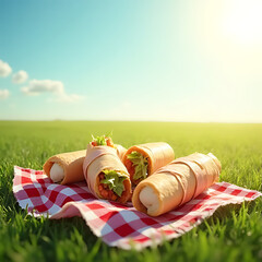 picnic setup with sandwiches wrapped in paper, placed on a checkered cloth on grass, bright lighting and sky background