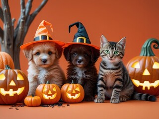 Two puppies and a kitten in witch hats with Halloween pumpkins on orange background