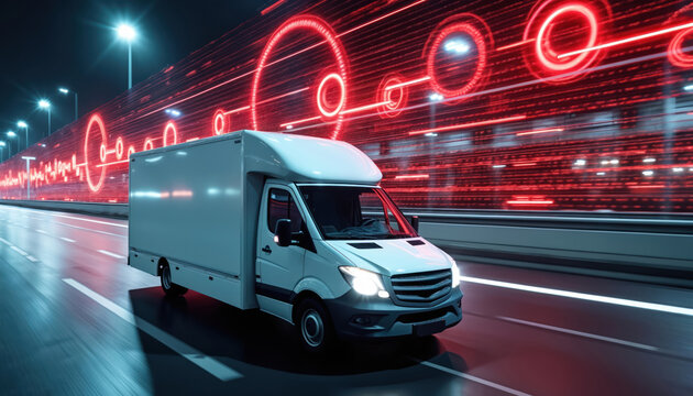 White delivery van speeds along dark highway at night, accompanied by futuristic red data hologram displaying progress, tracking information. Visual emphasizes logistics, transportation technology,