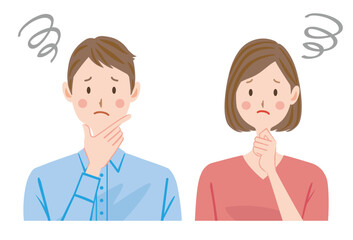 困る若い夫婦のイラスト　上半身　カップル
悩み　考える