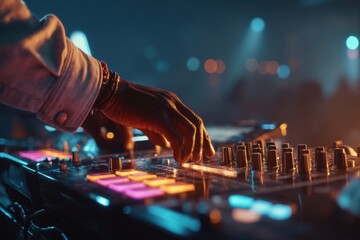 An enthusiastic DJ interacts with the mixer, creating energetic music for a vibrant crowd in a busy urban venue filled with colorful lights