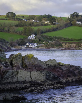 View of rugged, layered rocks with yellow lichen contrast with the calm water and green hillsides dotted with quaint cottages,Talland Bay, Looe, Cornwall, United Kingdom.