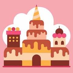 Cake castle in candy land, molasses and chocolate decoration vector on pink background.