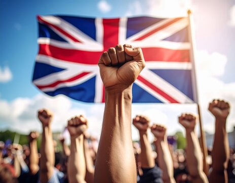 A group of people raise their fists in unity, with the Union Jack flag in the background. The image symbolizes solidarity and national pride.