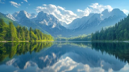 A tranquil mountain lake with a reflection of sky and mountains surrounded by forest, perfect for nature and travel magazine covers.