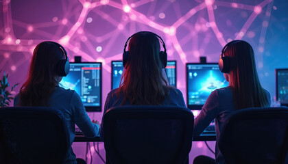 Three women wearing headphones concentrate on computers, work set against vibrant, futuristic digital backdrop with interconnected nodes. Image captures of esports, teamwork, digital collaboration in