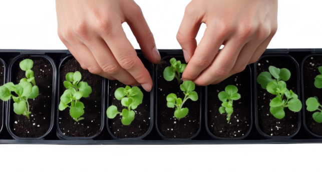 Hands carefully adjust small seedlings in a tray, promoting healthy plant growth in a well-lit indoor setting