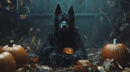 Black Dog Surrounded by Pumpkins in Spooky Autumn Setting
