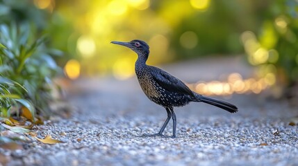 A bird with black plumage and red eyes on a gravel path, useful for nature and ornithology publications.